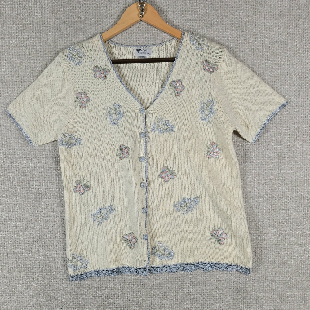 VTG All Points Butterfly Embroidered‎ Short Sleeve Cardigan Cream Ramie Cotton L